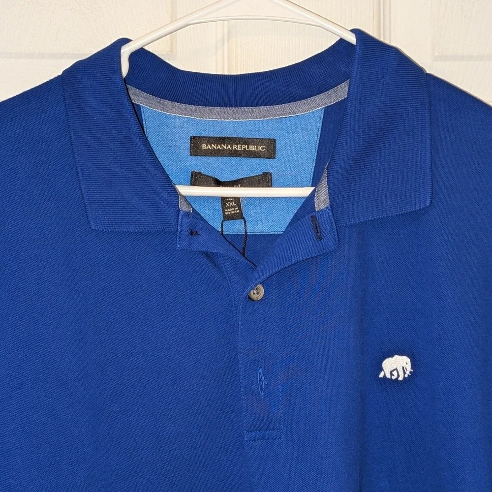 Banana Republic Mens XXL Tall Slim Fit Pique Polo Shirt Royal Blue Elephant Logo